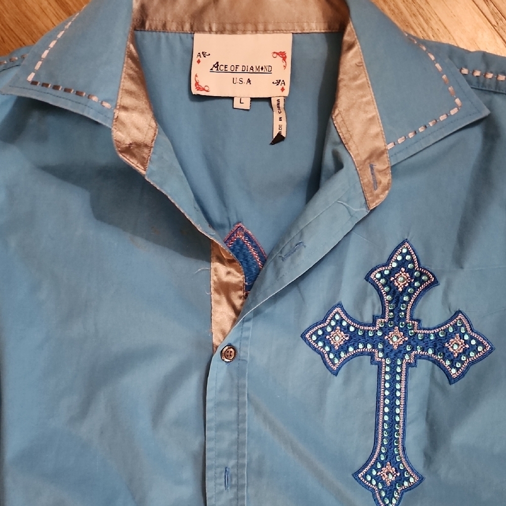 Ace of Diamond Blue Embroidered Cross Western Shirt Men’s Long Sleeve - Picture 5 of 13